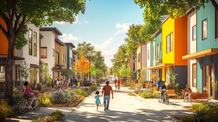 A vibrant, dense, and picturesque scene of a modern, eco-friendly neighborhood.