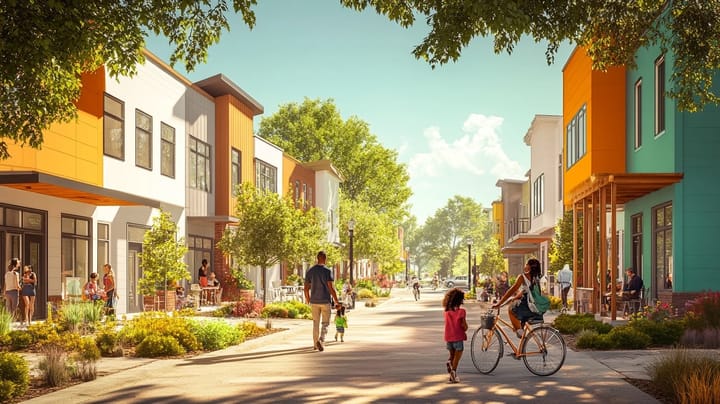 A father walks his daughter to school through a vibrant, pedestrian-friendly neighborhood with modern homes and greenery.